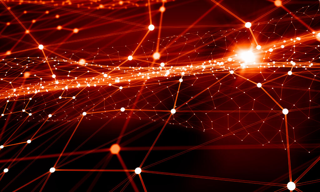 Stylized 3D network visualization illustrating global data connectivity and system integration