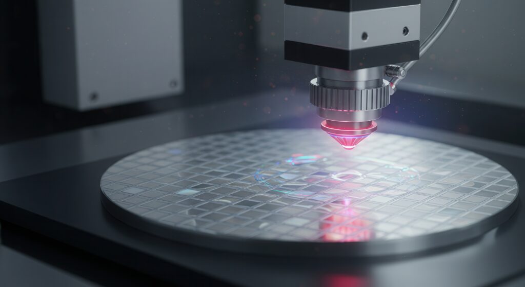 Optical inspection scan of semiconductor wafer surface showing precision microfabrication